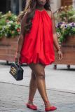 Red Sexy Solid Color Patchwork Strap Design O Neck Bud Dresses