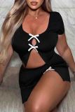 Blue Sexy Solid Color Patchwork Slit Bow Decor U Neck Short Sleeve Two Pieces