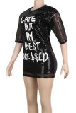 Pink Casual Letters Sequins Patchwork O Neck Straight Dresses