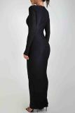 Blue Elegant Hollow Out Patchwork Contrast O Neck Long Dresses