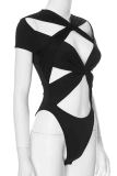 Black Sexy Solid Color Hollow Out Patchwork Skinny Bodysuits