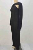 Blue Elegant Hollow Out Patchwork Contrast O Neck Long Dresses
