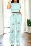 Light Pink Casual Print Pocket Patchwork O Neck Short Sleeve Two Pieces