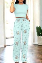Baby Blue Casual Print Pocket Patchwork O Neck Short Sleeve Two Pieces