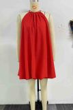 Red Sexy Solid Color Patchwork Strap Design O Neck Bud Dresses