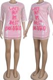 Pink Casual Letters Sequins Patchwork O Neck Straight Dresses