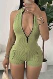 Blue Sexy Solid Color Pocket Patchwork Zipper Zipper Collar Skinny Rompers