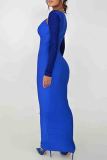 Blue Elegant Hollow Out Patchwork Contrast O Neck Long Dresses