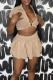 Apricot Sexy Solid Color Patchwork Ruched V Neck Short Sleeve Two Pieces