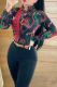 Black Casual Print Buckle Patchwork Shirt Collar Tops