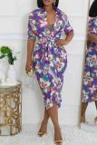Red Elegant Print Patchwork Strap Design Turndown Collar Printed Dresses
