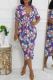 Blue Elegant Print Patchwork Strap Design Turndown Collar Printed Dresses
