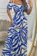 Blue Sexy Print Hollow Out Patchwork Backless Off Shoulder Long Dresses