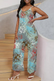 Blue Casual Street Floral Print Pocket V Neck Loose Jumpsuits