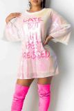 Pink Casual Letters Sequins Patchwork O Neck Straight Dresses