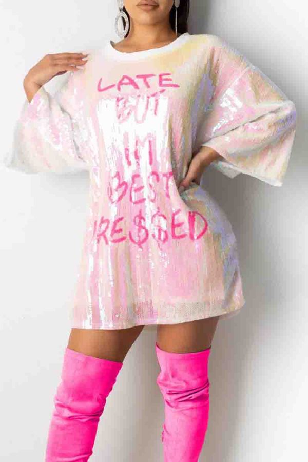 Pink Casual Letters Sequins Patchwork O Neck Straight Dresses