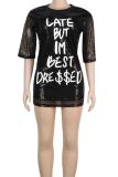 Pink Casual Letters Sequins Patchwork O Neck Straight Dresses