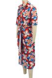 Red Elegant Print Patchwork Strap Design Turndown Collar Printed Dresses