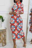 Red Elegant Print Patchwork Strap Design Turndown Collar Printed Dresses