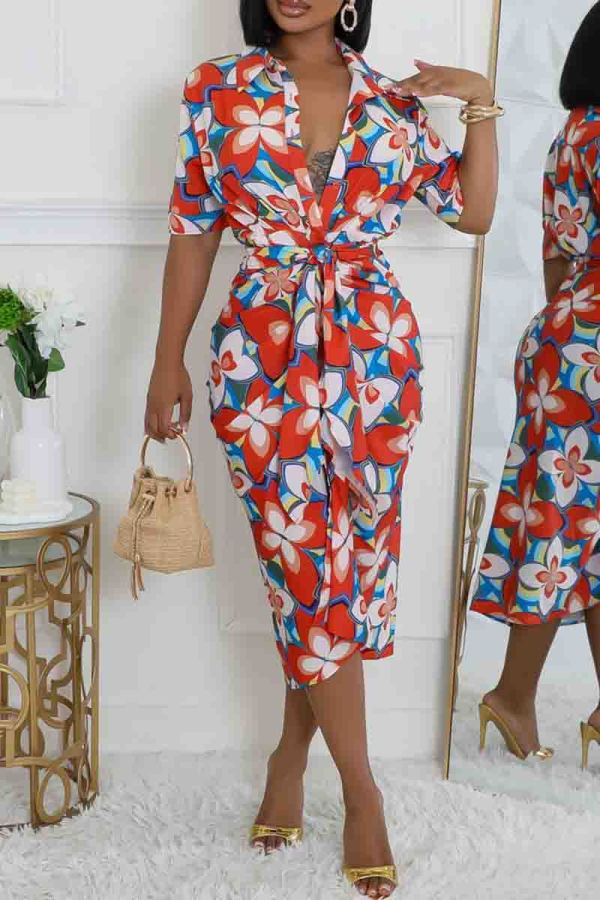 Red Elegant Print Patchwork Strap Design Turndown Collar Printed Dresses