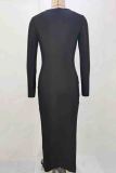 Blue Elegant Hollow Out Patchwork Contrast O Neck Long Dresses