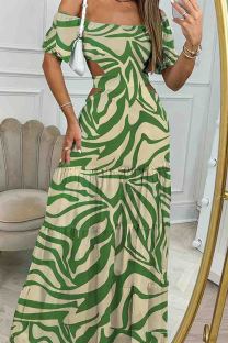 Green Sexy Print Hollow Out Patchwork Backless Off Shoulder Long Dresses