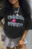 Black Casual Street Graffiti Print O Neck T-Shirts