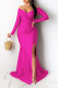 Rose Red Sexy Prom Solid Color Slit Ruched V Neck Evening Dresses