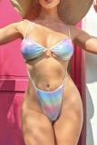 Colour Sportswear Gradient Color Hollow Out Patchwork Backless Swimwears(With Paddings)