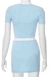 Blue Sexy Solid Color Patchwork Slit Bow Decor U Neck Short Sleeve Two Pieces