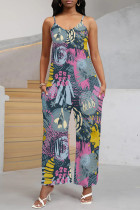 Blue Casual Street Floral Print Pocket V Neck Loose Jumpsuits