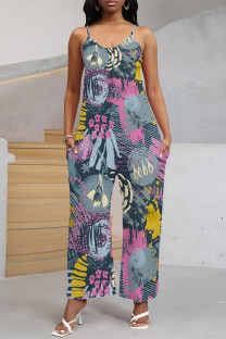 Blue Casual Street Floral Print Pocket V Neck Loose Jumpsuits