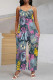 Blue Casual Street Floral Print Pocket V Neck Loose Jumpsuits