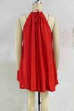 Red Sexy Solid Color Patchwork Strap Design O Neck Bud Dresses