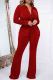 Burgundy Casual Solid Color Buckle Patchwork Ruched Turndown Collar Long Sleeve Two Pieces