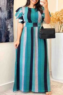 Multicolor Elegant Colorblock Patchwork Strap Design Ruffled Trim O Neck A Line Plus Size Dresses