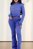 Light Purple Casual Solid Color Draw String Pocket Patchwork Zipper Zipper Collar Long Sleeve Two Pieces
