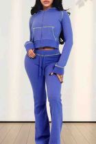 Light Purple Casual Solid Color Draw String Pocket Patchwork Zipper Zipper Collar Long Sleeve Two Pieces