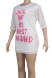 Pink Casual Letters Sequins Patchwork O Neck Straight Dresses