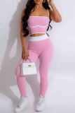 Pink Casual Patchwork Backless Contrast Spaghetti Strap Sleeveless Two Pieces
