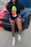 Black Casual Street Graffiti Print O Neck T-Shirts