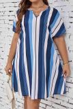 Blue Casual Colorblock Patchwork Contrast V Neck Straight Plus Size Dresses