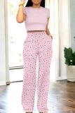 Light Pink Casual Print Pocket Patchwork O Neck Short Sleeve Two Pieces