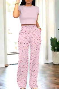 Light Pink Casual Print Pocket Patchwork O Neck Short Sleeve Two Pieces