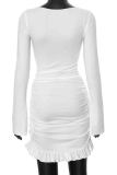 White Sexy Solid Color Patchwork Ruched O Neck Wrapped Skirt Dresses