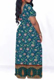 Blue Casual Print Basic O Neck Short Sleeve Two Pieces