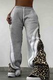 Grey Casual Leopard Print Draw String Pocket Patchwork Contrast Loose Mid Waist Wide Leg Patchwork Bottoms