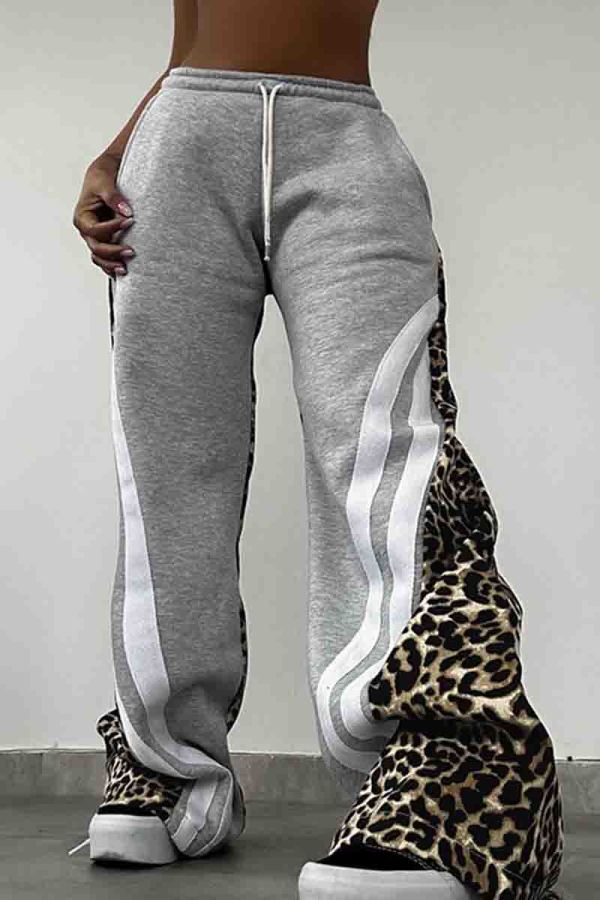 Grey Casual Leopard Print Draw String Pocket Patchwork Contrast Loose Mid Waist Wide Leg Patchwork Bottoms