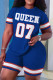 Blue Casual Digital Letter Print Basic O Neck Short Sleeve Two Pieces