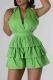 Green Sexy Solid Color Patchwork Backless Strap Design Ruffled Trim Halter Loose Rompers
